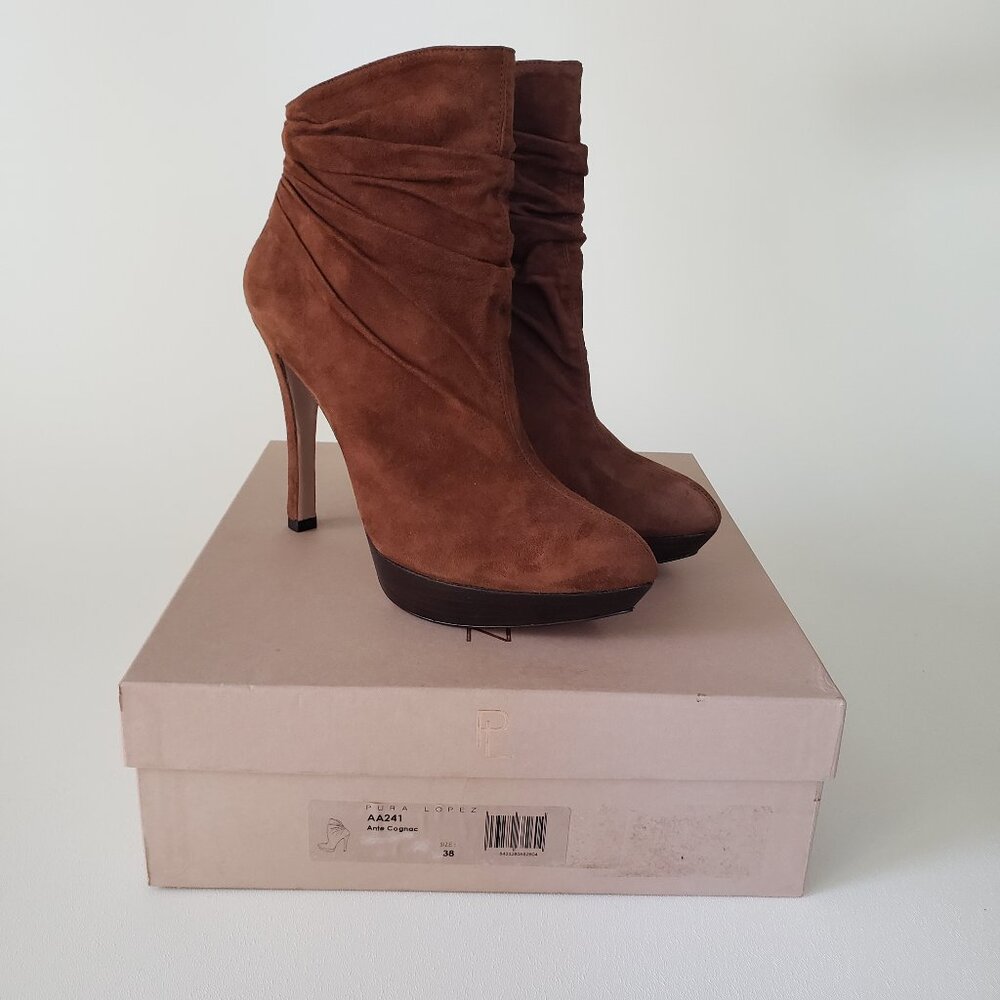 Pura Lopez Size 38 (US 7.5/8) Suede Ante Cognac Ankle Boot Heels With Box